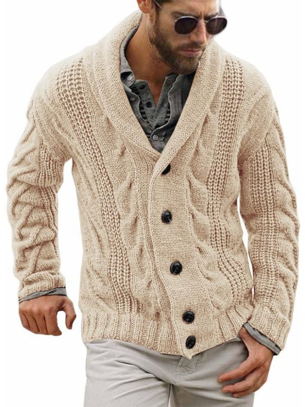 🆕Men's Beige Chunky Cable Knit Cardigan Sweater Shawl Collar Button Down